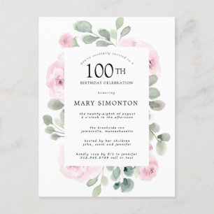 Invitation Carte Postale Rose rose florale Eucalyptus 100e fête d'anniversa