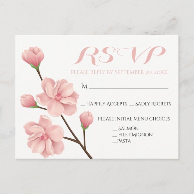 INVITATION CARTE POSTALE ROSE RSVP FLORAL CHERRY BLOSSOMS MARIAGE FLEURS (Devant)