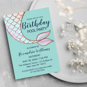 Invitation Carte Postale Rose turquoise Gold Rose Mermaid Piscine à voile A