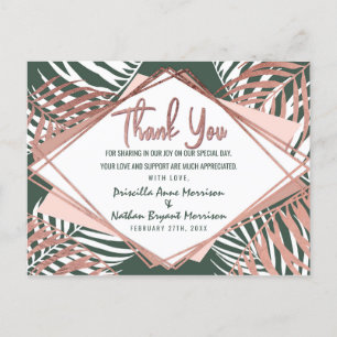 Invitation Carte Postale Rose vert or Tropical Palm Tree Merci feuille 