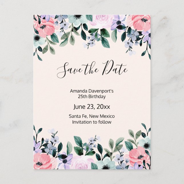 Invitation Carte Postale Rose violet vert Aquarelle Floral Enregistrer la d (Devant)