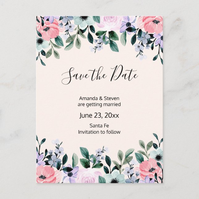 Invitation Carte Postale Rose violet vert Aquarelle Floral Enregistrer la d (Devant)