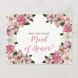 Invitation Carte Postale Rose White Vintage Floral Maid of Honor Request