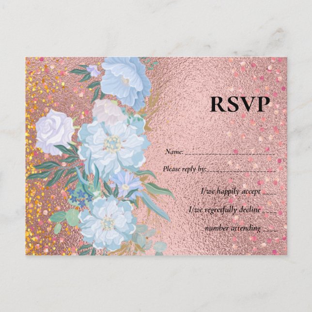 Invitation Carte Postale RoseGold Parties scintillant métallique Floral Foi (Devant)