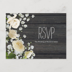 Invitation Carte Postale Roses blanches et gypsophile sur bois avec RSVP