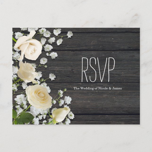 Invitation Carte Postale Roses blanches et gypsophile sur bois RSVP (Devant)