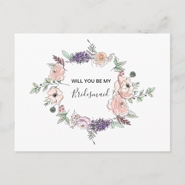 Invitation Carte Postale Roses roses roses Florales Garland BRIDESMAID (Devant)