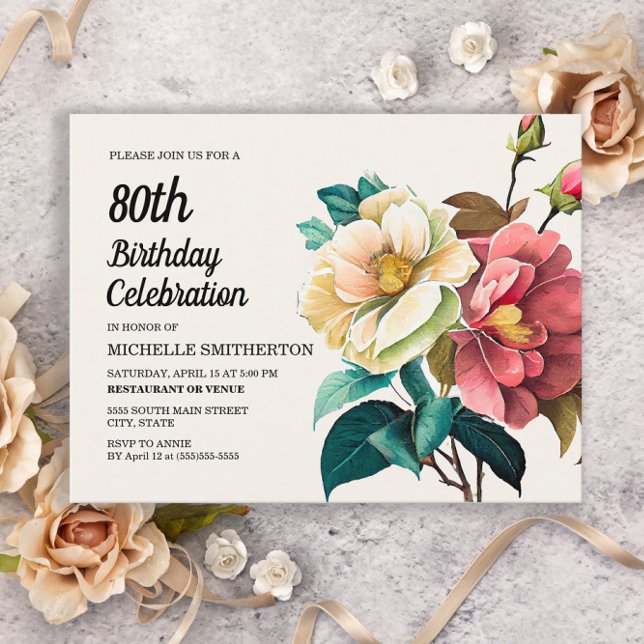 Invitation Carte Postale Roses Rouges Blanches 80e Anniversaire (Créateur téléchargé)