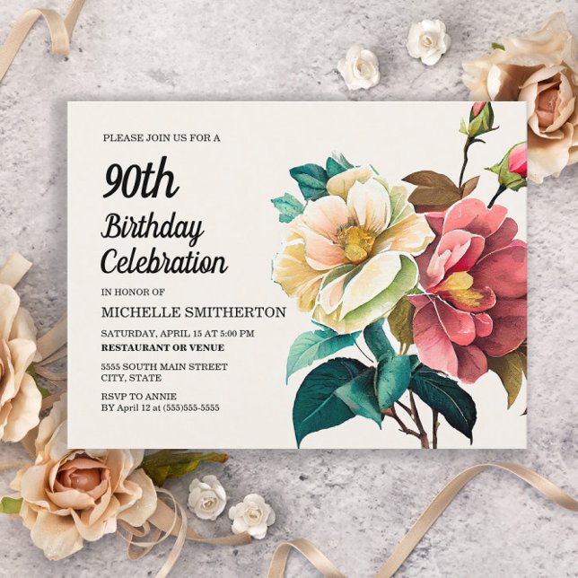 Invitation Carte Postale Roses Rouges Blanches 90e Anniversaire (Créateur téléchargé)