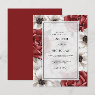 Invitation Carte Postale Roses rouges de Bourgogne blanc Anémone Mariage fl