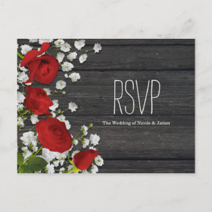Invitation Carte Postale Roses Rouges et Gypsophile sur Bois RSVP
