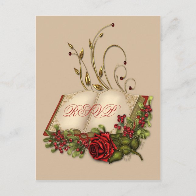 Invitation Carte Postale Roses rouges et mariage biblique ouvert RSVP (Devant)