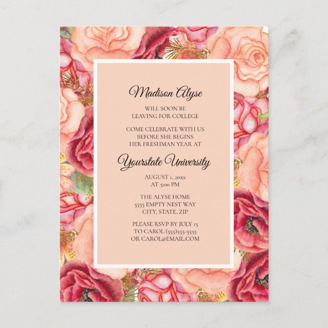 Invitation Carte Postale Roses rouges roses roses / Floral College Trunk Pa (Devant)