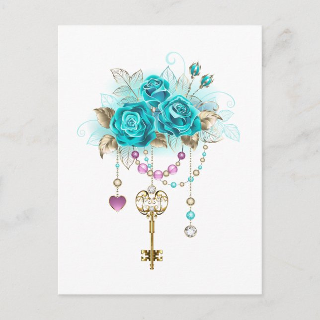 Invitation Carte Postale Roses turquoise avec touches (Devant)