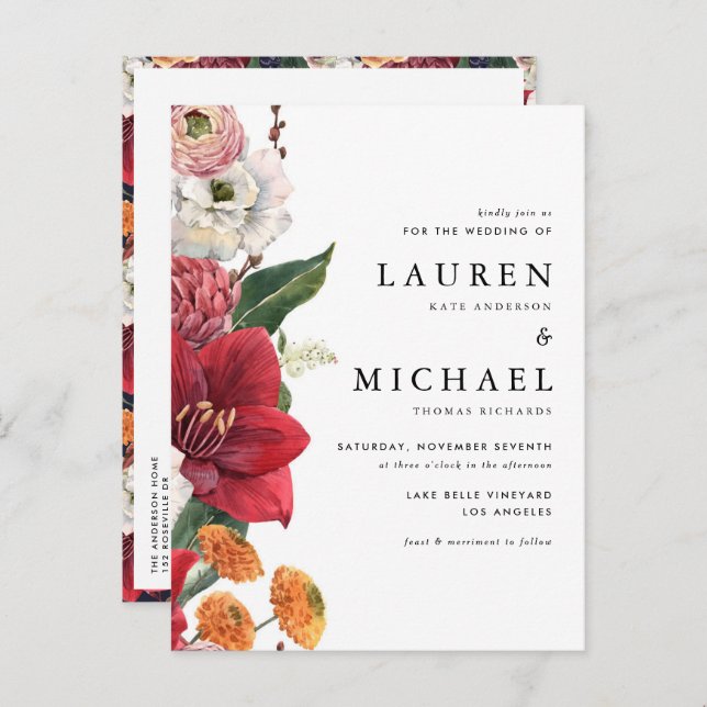 Invitation Carte Postale Rouge Amaryllis et automne Floral QR Code Mariage (Devant / Derrière)