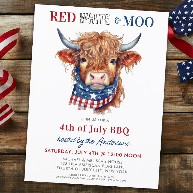 Invitation Carte Postale Rouge blanc Moo Patriotique Highland Cow 4 juillet (Créateur téléchargé)