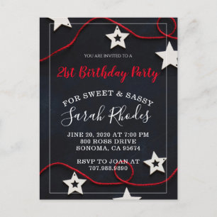 Invitation Carte Postale Rouge Blanc & Noir Étoiles Douces Et Sassy Anniver