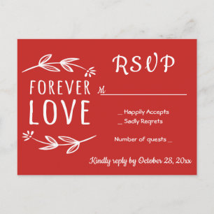 Invitation Carte Postale Rouge & Blanc RSVP Feuilles de Laurier Mariage