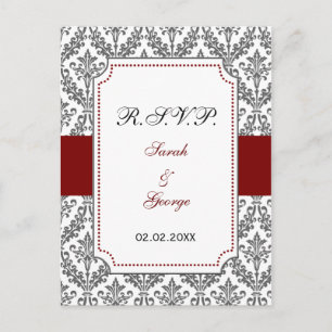 Invitation Carte Postale rouge damas rsvp