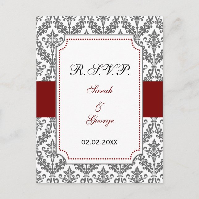 Invitation Carte Postale rouge damas rsvp (Devant)