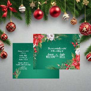 Invitation Carte Postale Rouge et vert Noël Poinsettia Mariage