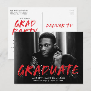 Invitation Carte Postale Rouge   Modern Paint Splatter Photo Graduation Par