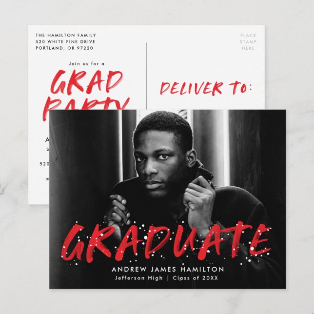 Invitation Carte Postale Rouge | Modern Paint Splatter Photo Graduation Par (Devant / Derrière)