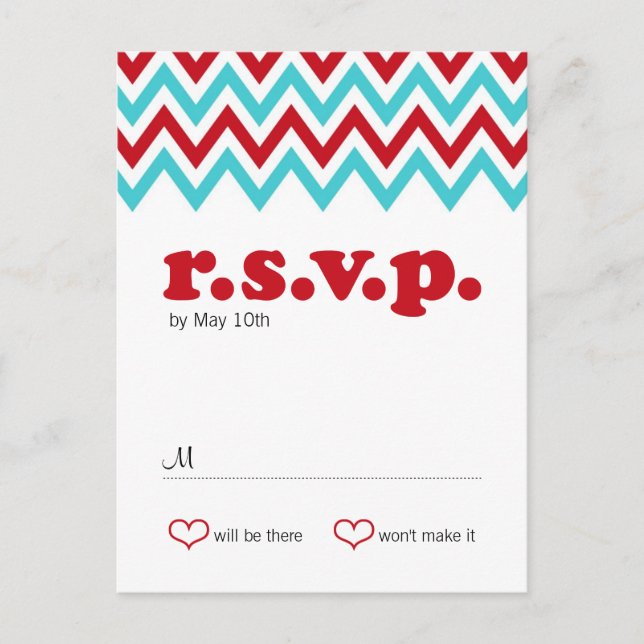Invitation Carte Postale Rouge moderne et Aqua Chevron & Lovebirds RSVP (Devant)