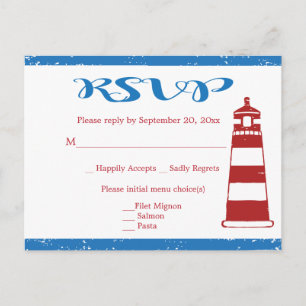 Invitation Carte Postale Rouge Nautique Phare Bleu RSVP Mariage / Fête