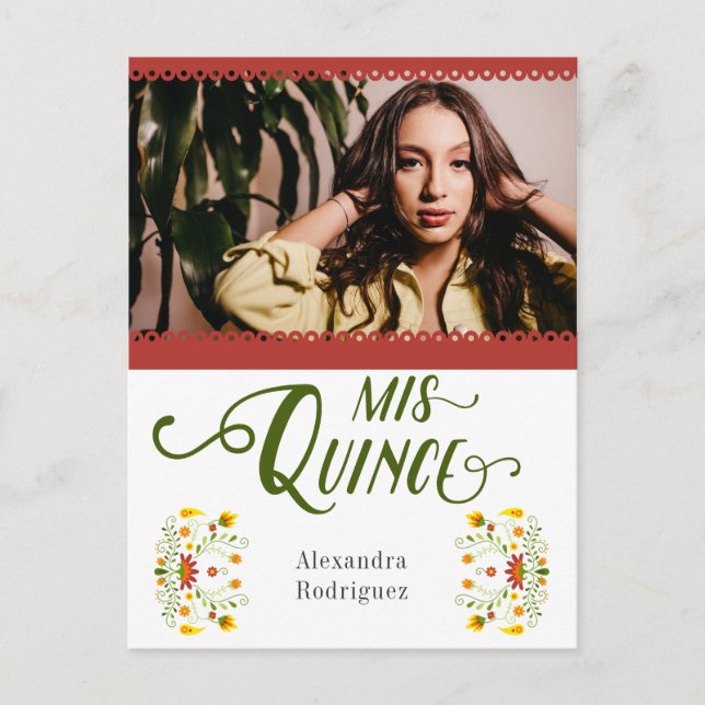 Invitation Carte Postale Rouge traditionnel mexicain Floral Photo Quinceane (Devant)