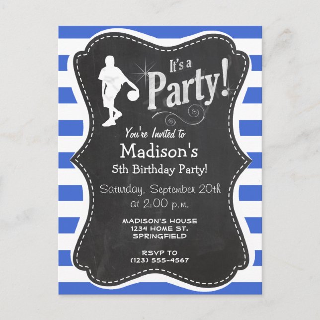 Invitation Carte Postale Royal Blue and White Stripes; Basket-ball (Devant)