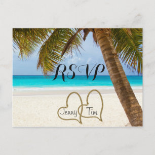 Invitation Carte Postale RSVP amour de plage coeurs de mariage palmier sabl