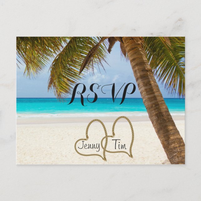 Invitation Carte Postale RSVP amour de plage coeurs de mariage palmier sabl (Devant)