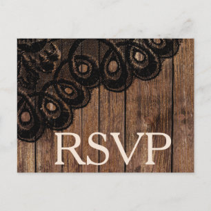 Invitation Carte Postale RSVP Black Faux dentelle et bois