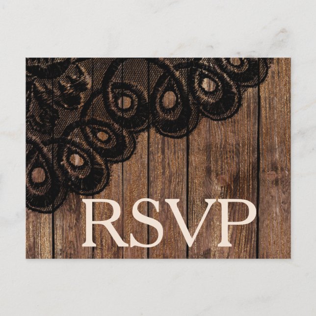 Invitation Carte Postale RSVP Black Faux dentelle et bois (Devant)