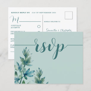 Invitation Carte Postale RSVP de mariage à feuillage aquarelle sarcelle rus
