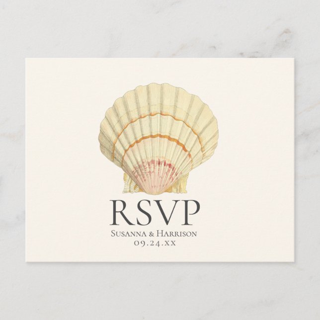 Invitation Carte Postale RSVP de mariage coquille Saint-Jacques crème vinta (Devant)