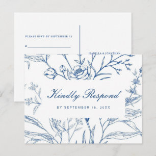 Invitation Carte Postale Rsvp floral bleu et blanc avec choix de repas de s