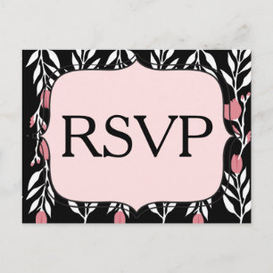 Invitation Carte Postale RSVP Floral rose blanc et noir
