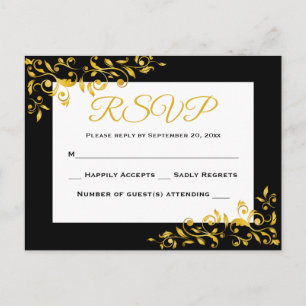 Invitation Carte Postale RSVP Gold & Black Floral Réponse à la spirale - Au