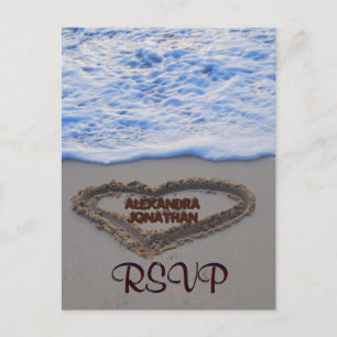 Invitation Carte Postale RSVP Heart in Sand at Beach