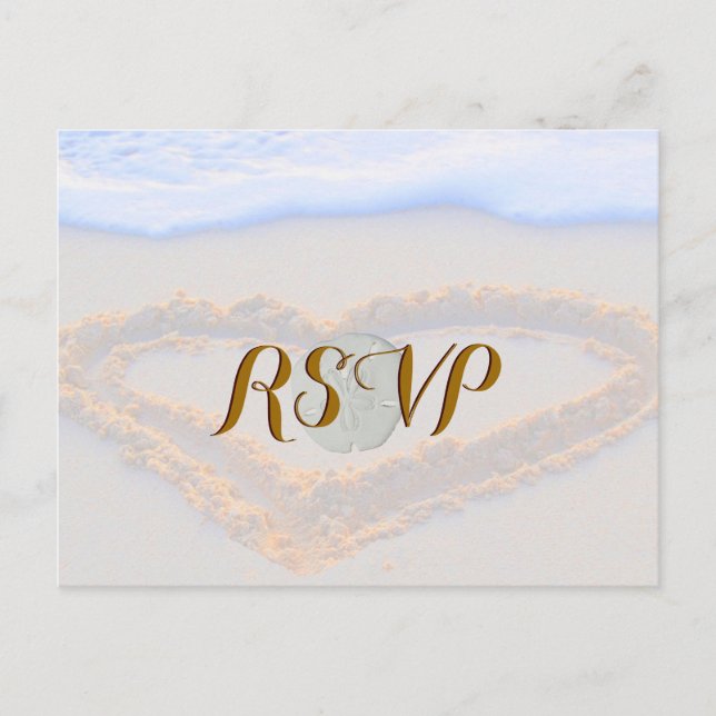 Invitation Carte Postale RSVP Heart in Sand at Beach (Devant)