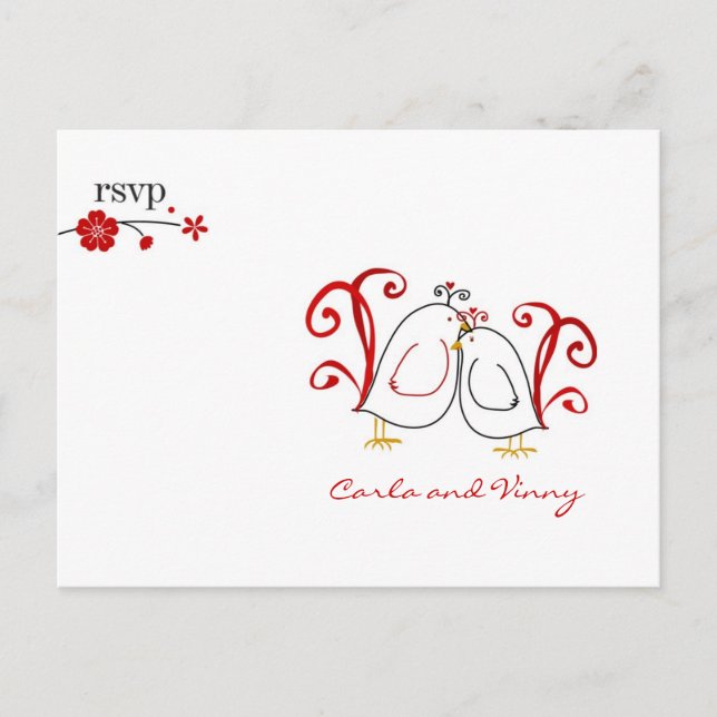 Invitation Carte Postale RSVP lovebirds et cerisiers en fleurs PC (Devant)