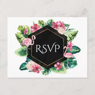 Invitation Carte Postale RSVP Mariage Flamants Roses Hibiscus Feuilles Trop