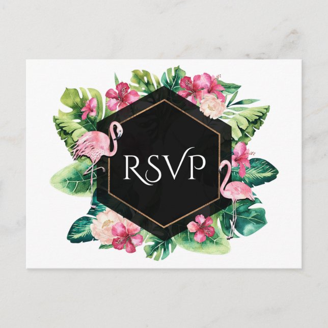 Invitation Carte Postale RSVP Mariage Flamants Roses Hibiscus Feuilles Trop (Devant)