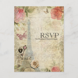 Invitation Carte Postale RSVP Mariage Fleurs Roses Roses Pink Vintage Paris