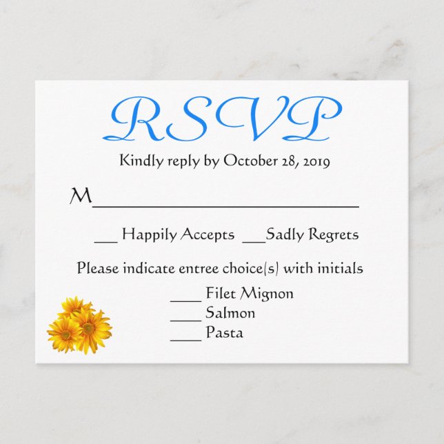 Invitation Carte Postale RSVP Mariage floral bleu et jaune (Devant)