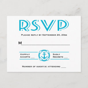 Invitation Carte Postale RSVP nautique bleu turquoise Ancre de bateau Plage