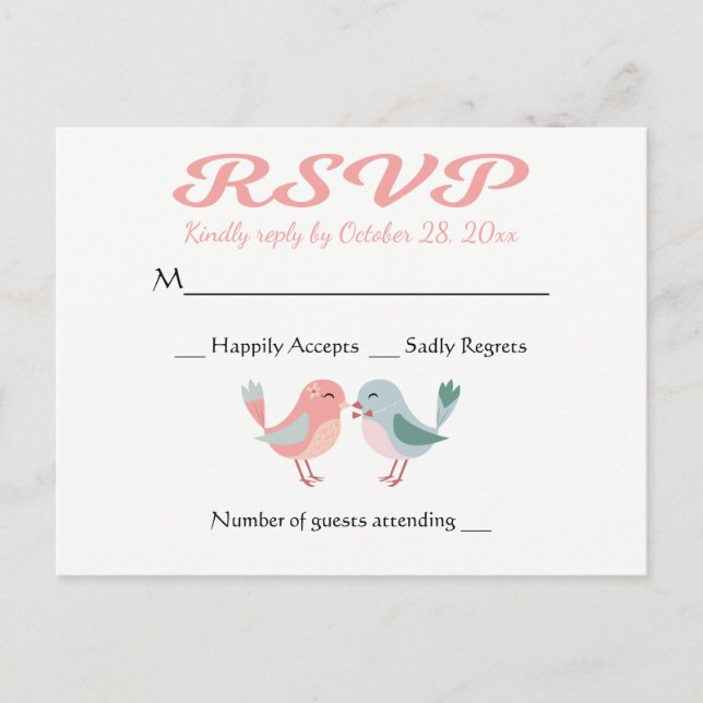Invitation Carte Postale RSVP Pink & Blue Lovebirds Wedding Party (Devant)