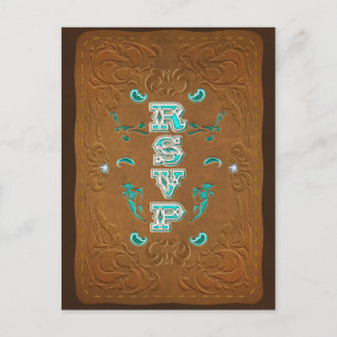 Invitation Carte Postale RSVP Western Rustique en cuir Brown Look & Diamant